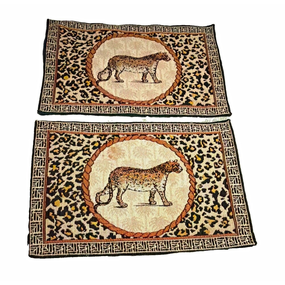 Vintage Woven Tapestry Placemats Set of 2 Leopard Cheetah Jungle Safari Border